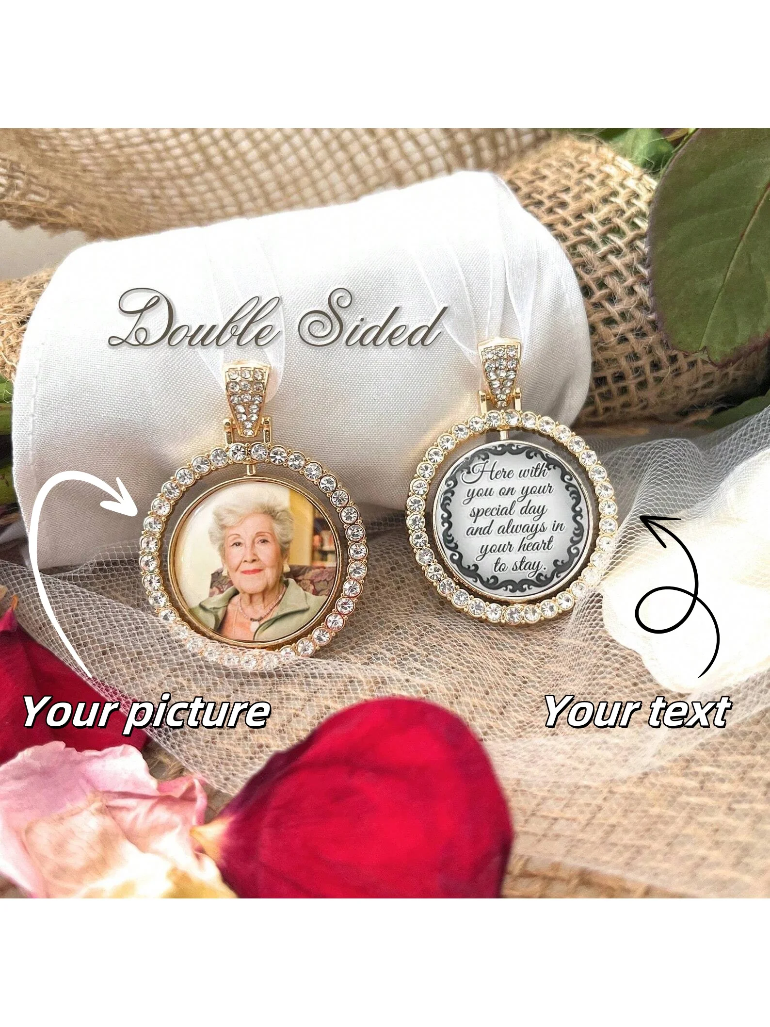 

Memorial Bouquet Charm with Photo/Text for Wedding, One/Double Sided Rotating Bridal Charm, Personalized with Photo/Text Charm