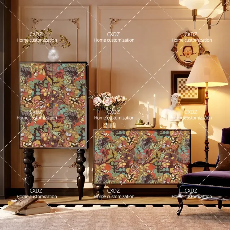 French medieval Maillard flower solid wood tall cabinet, living room storage against the wall, dining room locker, entrance
