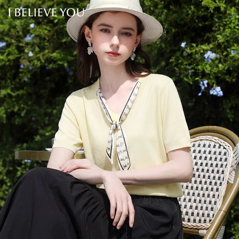 I BELIEVE YOU Casual Short Sleeve Knitted Shirt For Women 2026 Summer New Removable Silk Scarf French Pullover Top 2262146498