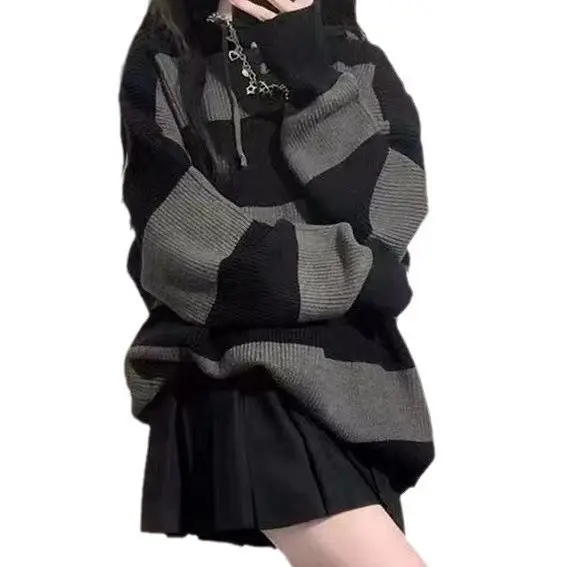 

2025 Autumn and Winter Loose Medium Long Hooded Striped Lazy Style Thick Sweater Women's Retro Knitted Jacket