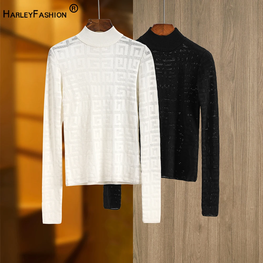 

Basic Style Women Casual Knitting Soft Tops See-through Half-neck Collar Black and White Cheap Lady All-match Puloovers Sweaters