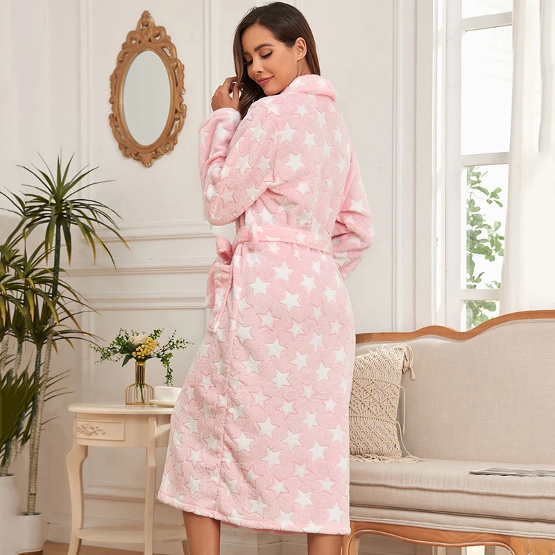 Oulylan Winter Warm Womens Flannel Robes Casual Long Sleeves Kimono Hoodies Nightwear Leisure Soft Flannel Belted Bathrobe