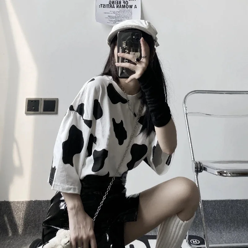 Koszulki w stylu Harajuku modne koszulka Harajuku damskie koszulki nadruk z krową Oversized Casual luźna krótka rękaw t-shirt Streetwear topy