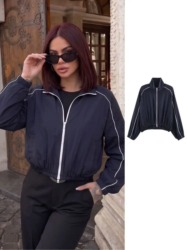 HH Lightweight Sun Protection Jacket Women Cropped Windbreaker Contrast White Piping Zip Front Drawstring Waist Outdoor Daily Co