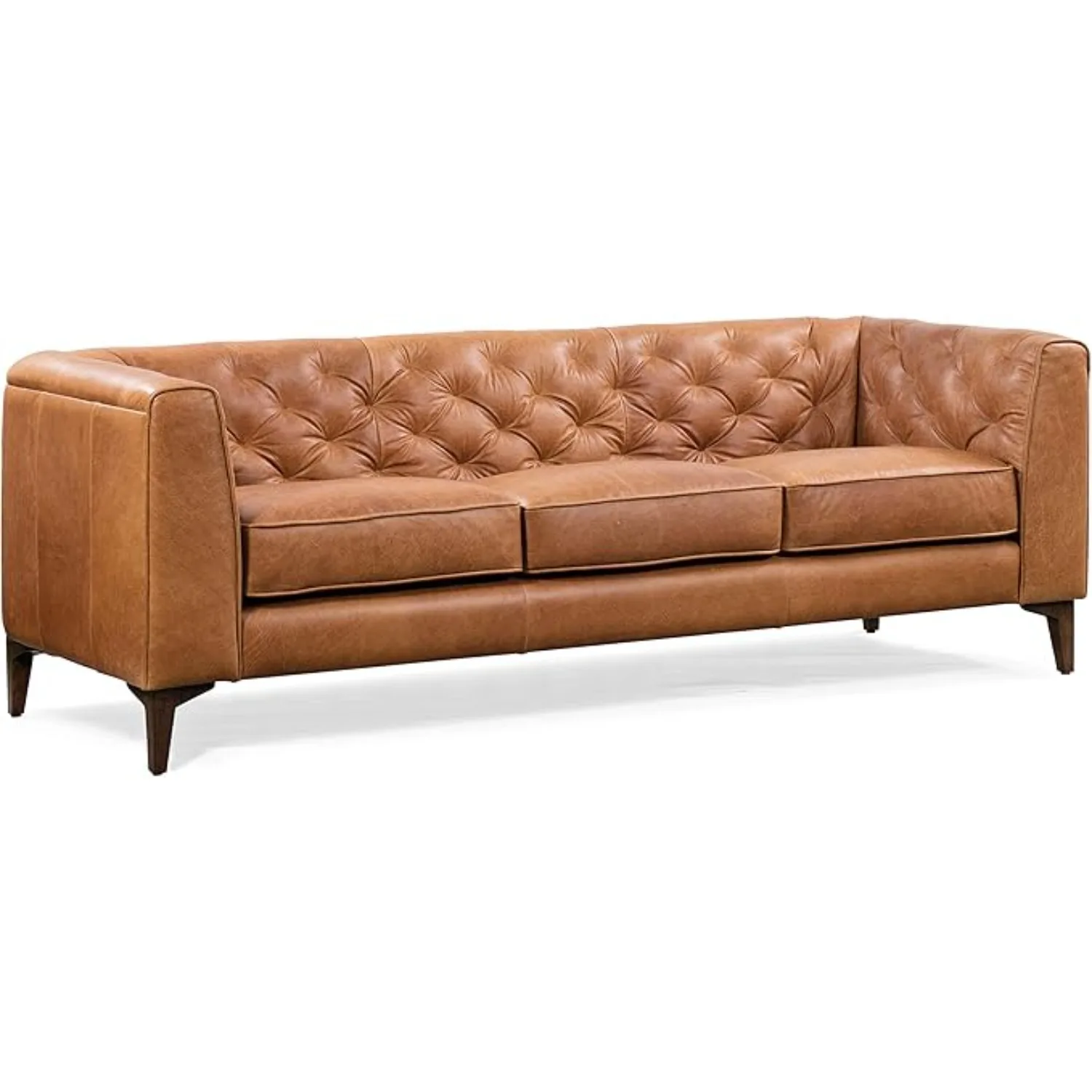 Leather Couch – 89-In Sofa w/ Tufted Back - Full Grain Leather Couch w/ Feather-Down Topper On Seating Surfaces – Vintage