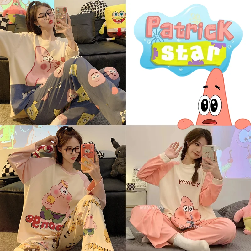 2-piece Set SpongeBob Patrick Star Sleepwear Women Pajamas Long Sleeved Trousers Cartoon Anime Autumn Cute Round Neck Homewear