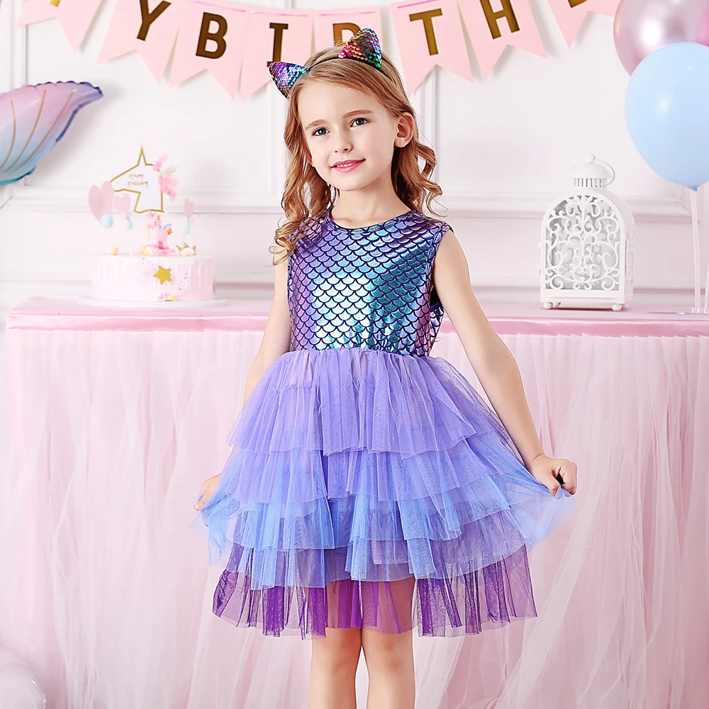 VIKITA Mädchen Meerjungfrau Print Sommer Ärmellose Kleider Mädchen Geburtstag Party Abendkleid Prinzessin Kleid Kinder Layered Kuchen Tutu Kleid – Detail 3