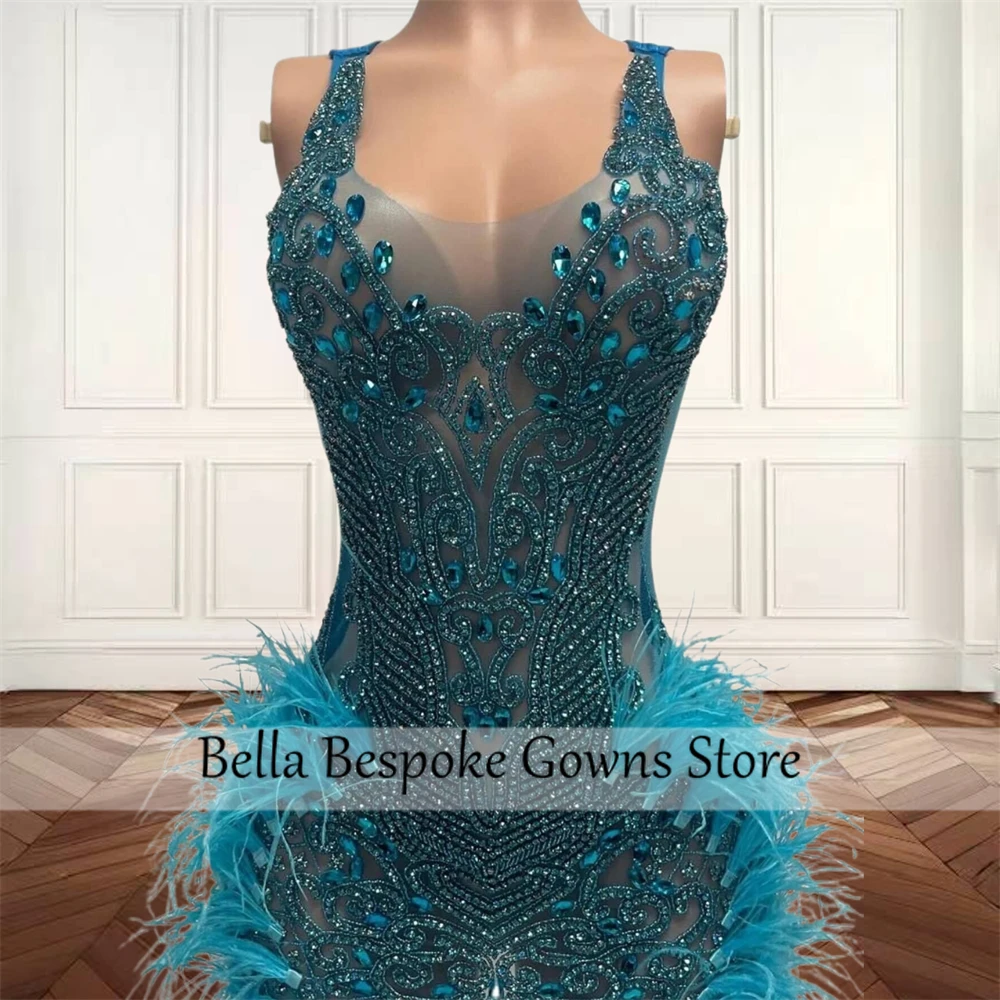 Blue Spaghetti Short Prom Dresses For Black Girls Bead Crystal 2024 Birthday Luxury Dress Feather Cocktail Homecoming Customized