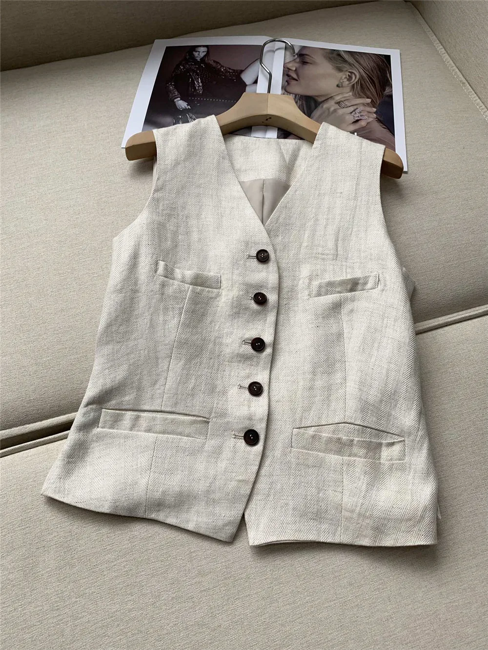 B*C New Linen Suit Series Blazer Coat +Tops + Vest + Elastic Waist Straight Leg Pants  casual versatile thin section