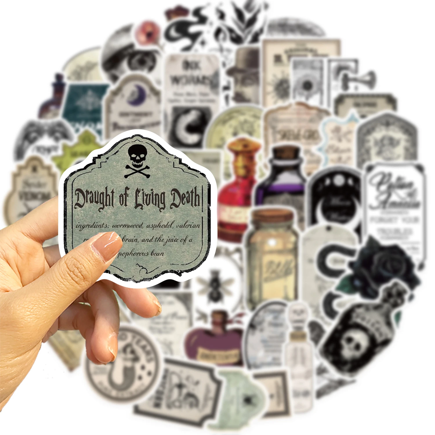 50pcs Halloween Bottle Labels Stickers Retro Horror Gothic Magic Potion Vintage Decals Suitcase Scrapbooking Laptop Toys