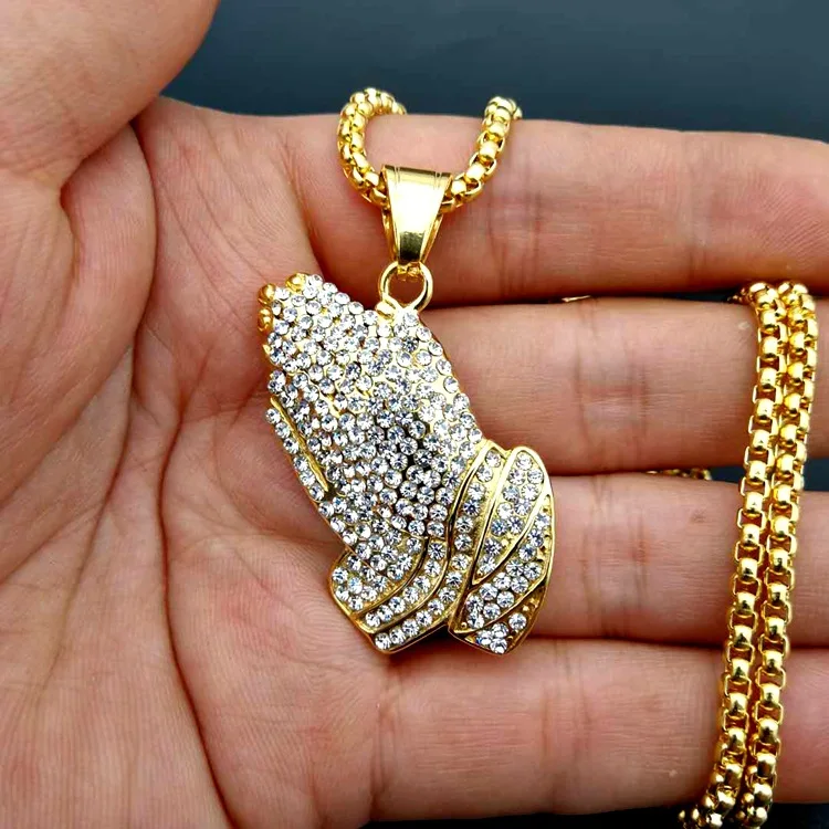 hip hop 316L Stainless Steel Men Gold color prayer hand pendant necklace full zircon with 60cm cuban link chain women jewelry