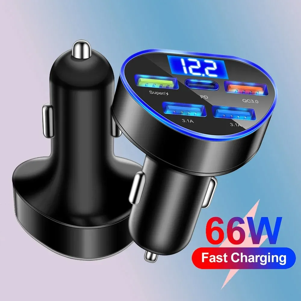 66w pd Auto ladegerät qc3.0 Schnell ladung Auto Zigaretten anzünder Stecker 5 Port Auto ladegerät Blitz ladung mit Digital anzeige