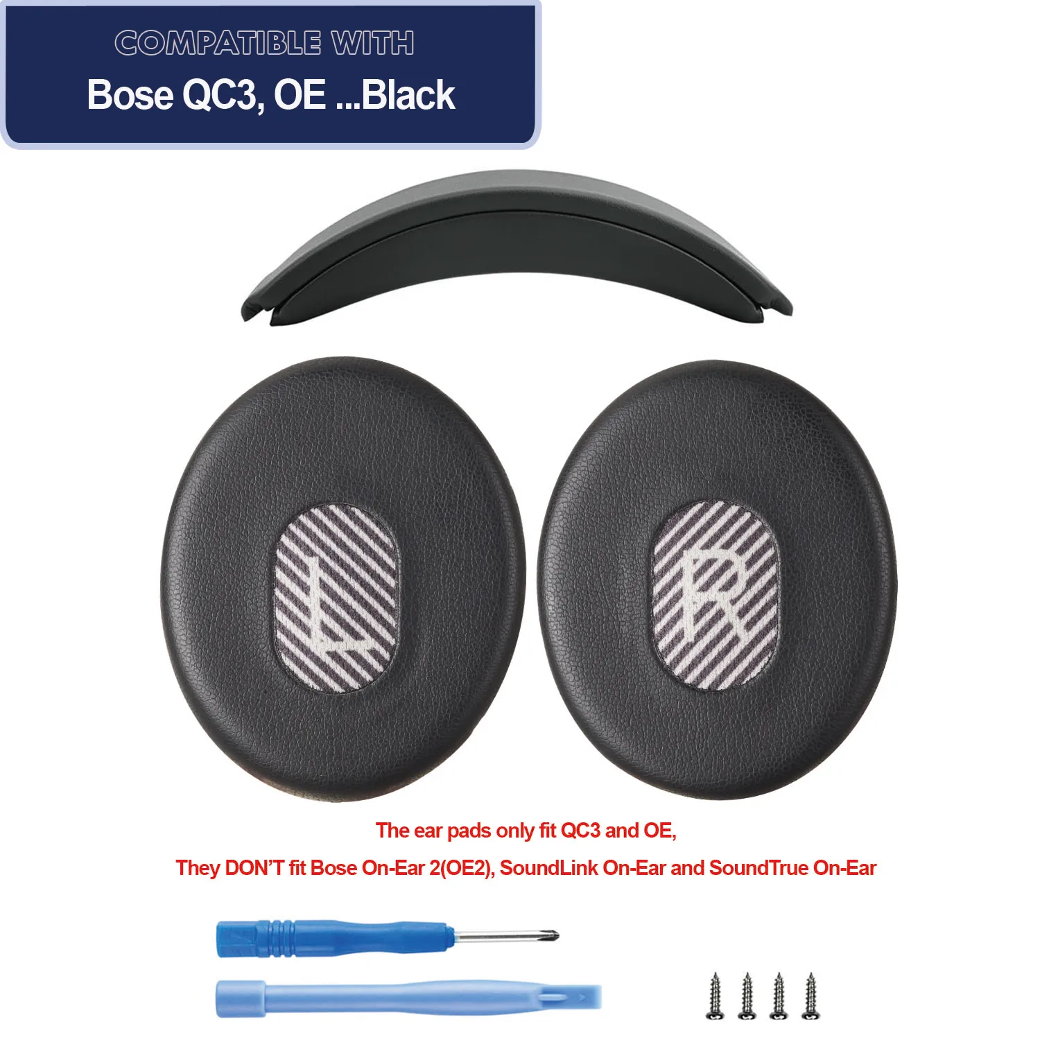 

Carberon QC3 Ear Pads Cushions and Headband Combo Pack for Bose QuietComfort 3 (QC3) and Bose On-Ear (OE) Headphones,Black