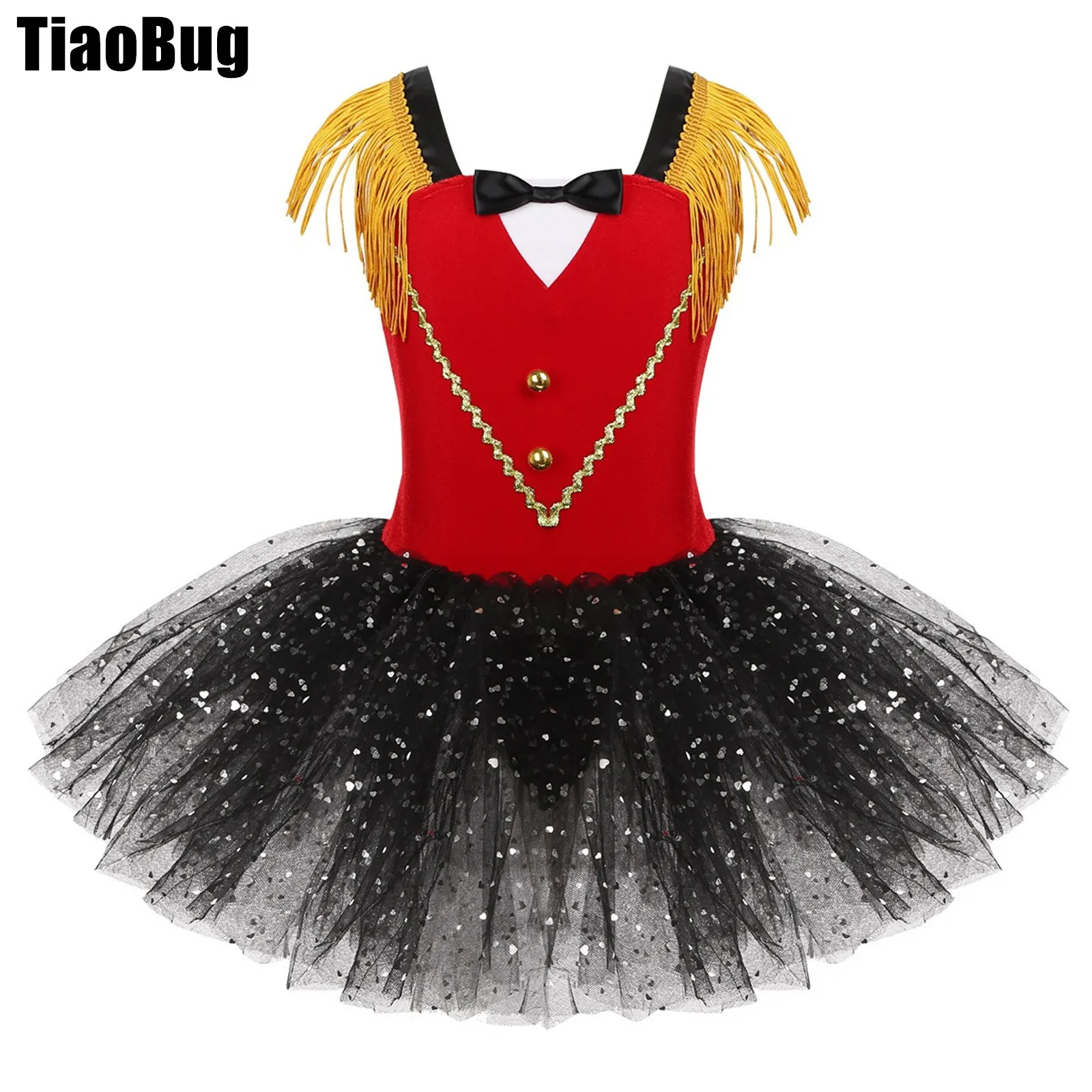 

Kids Girls Halloween Circus Ringmaster Costume Sleeveless Tassel Bow Sweetheart Foil Sequins Mesh Tutu Gymnastics Leotard Dress