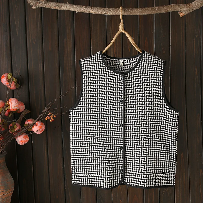 Women's Sleeveless Houndstooth Vest, Loose, Chic, Autumn, New, 5202