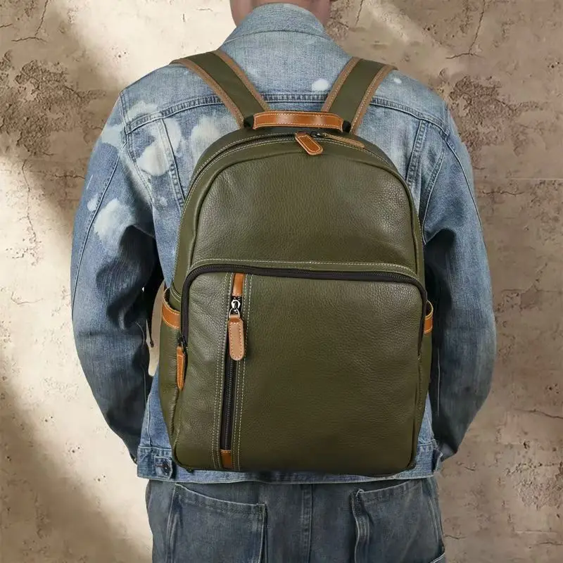 

New Fashion Cow Genuine Leather Men Backpacks Real Natural Leather Student Backpack Boy Luxury Brand Large Computer Laptop Bag
