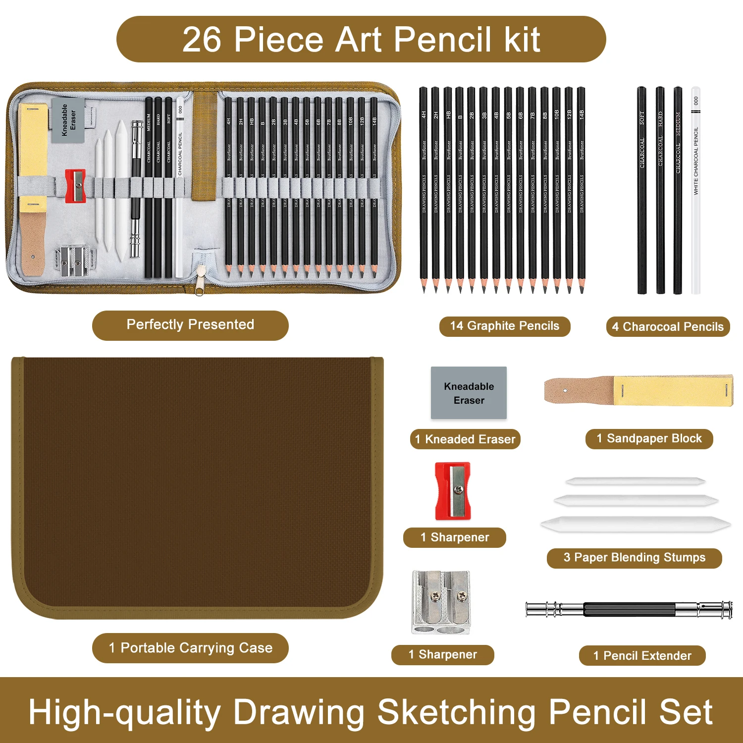 Sketching & Drawing Pencils Set 26pcs,Art Supplies Drawing pencil Kit,Graphite Charcoal Professional Pencils Set,Adults Artist