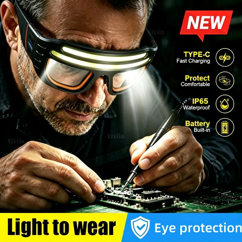 Hands-Free LED Glasses Headlamp Waterproof Rechargeable COB Work Light Eye Protection Head Flashlight Repairing Riding Emergency