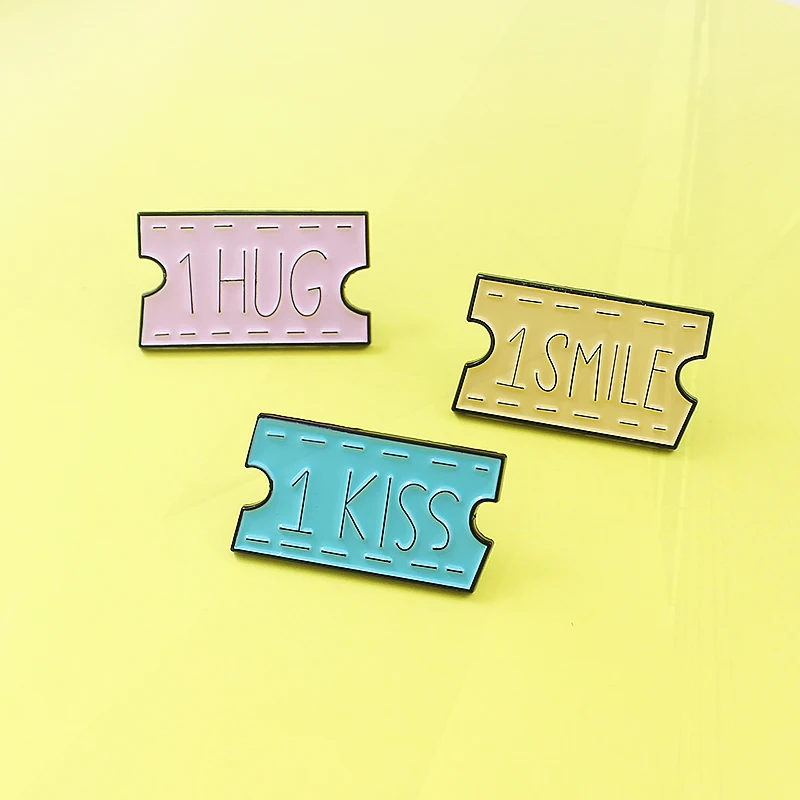 Pinsk yellow and Blue Enamel Brooch Valentine's Day Jewelry Rectangle Pines 1 SMILE,1 HUG,1 KISS Placard Slogan Pin Simple