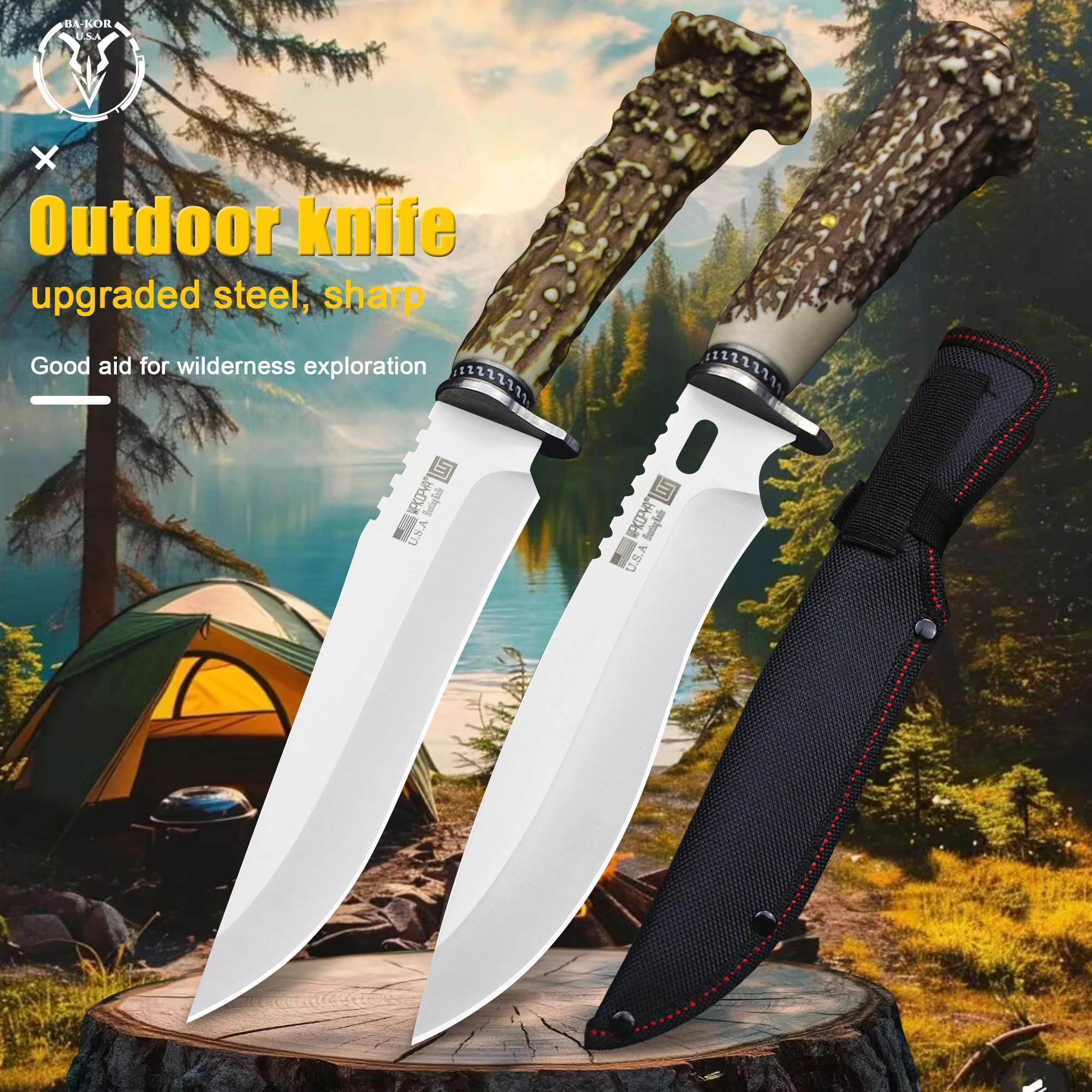 WPKOPYA U.S.A 4mm440C steel fixed knife with scabbard, suitable for outdoor hunting, camping, survival, fishing, EDC, gifts