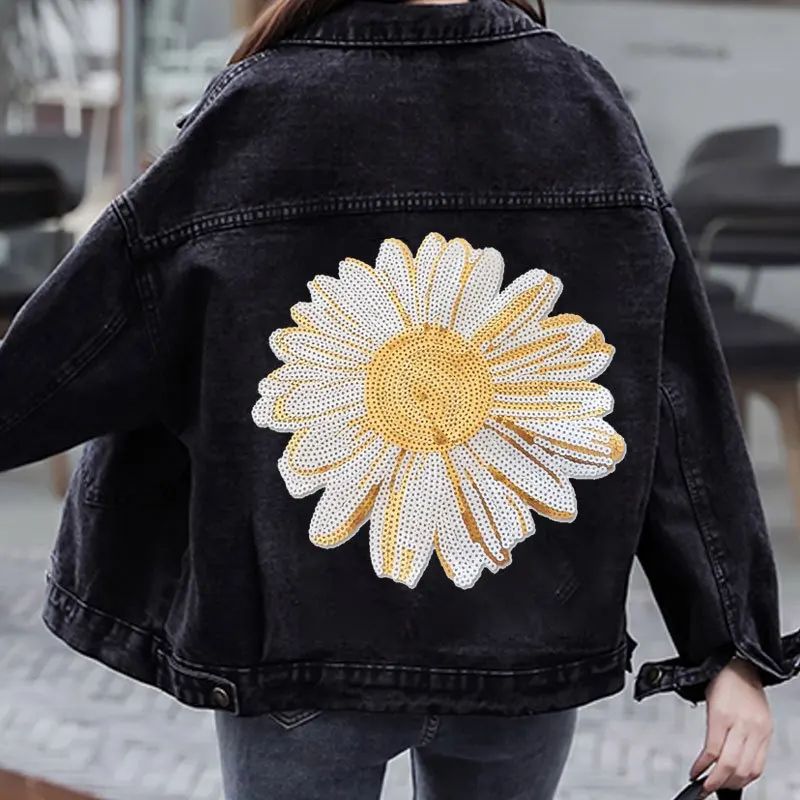 

1pc Daisy Sequin Patches, Iron On Flower Embroidery Patch, T Shirt Applique For DIY Clothing Decoration