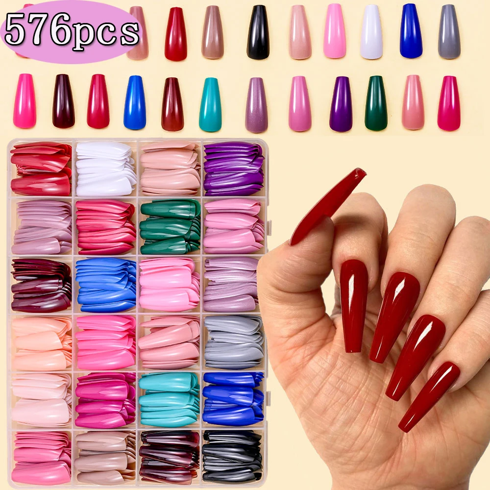 576pcs Press on Nails Long Coffin Fake Nails Full Cover Ballerina Acrylic Artificial False Nail Tips 24 Colors for Women Girls