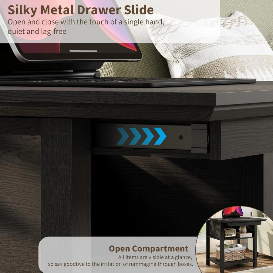 طاولة جانبية منزلقة مع محطة شحن، طاولة جانبية للتخزين بطبقتين، منضدة خشبية لغرفة النوم وغرفة المعيشة باللون الأسود