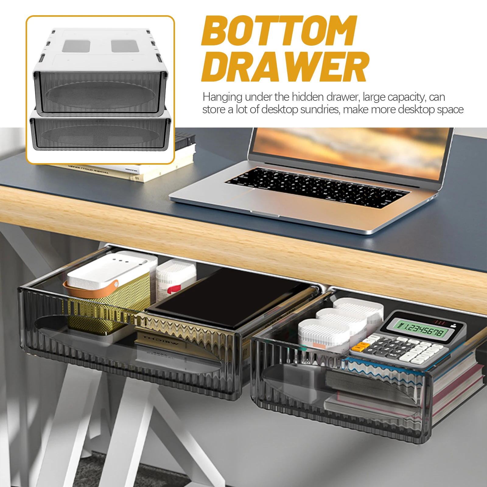 

2pcs Under Desk Drawer Rack Hidden Storage Organizer Desktop Shelf Plastic Hanging Drawer for Office Supplies Home Remote