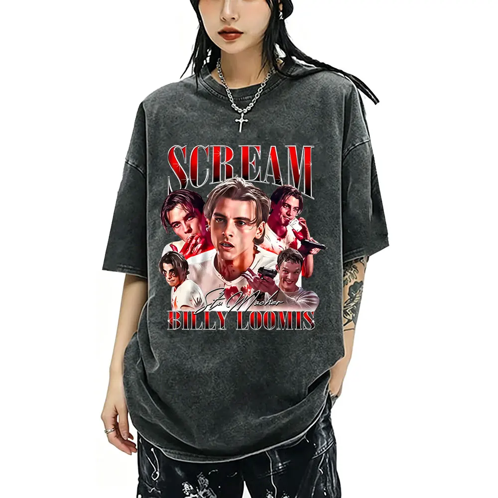 Washed Vintage Horror Movie Scream Billy Loomis Graphic T Shirts Men Women Clothing Hip Hop Retro Oversized T-shirts Streetwear