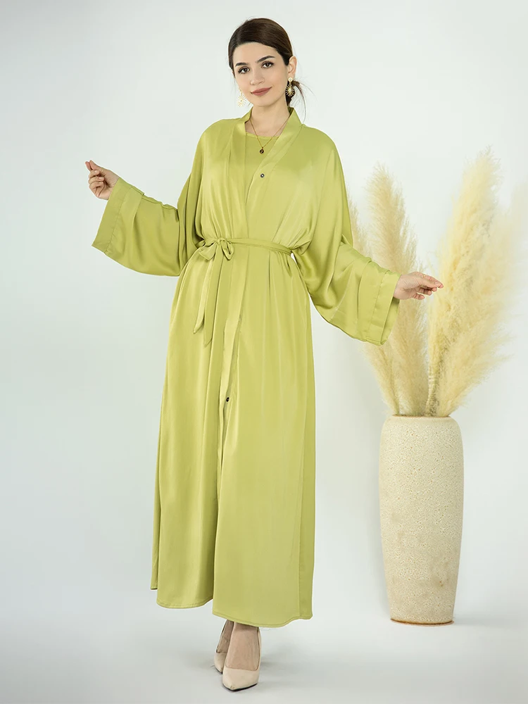 Solid Casual Moroccan Set Sleeveless Long Dress And Open Kimono Abaya With Sashes Include Pockets Jalabiyat Turkish Women Ramada