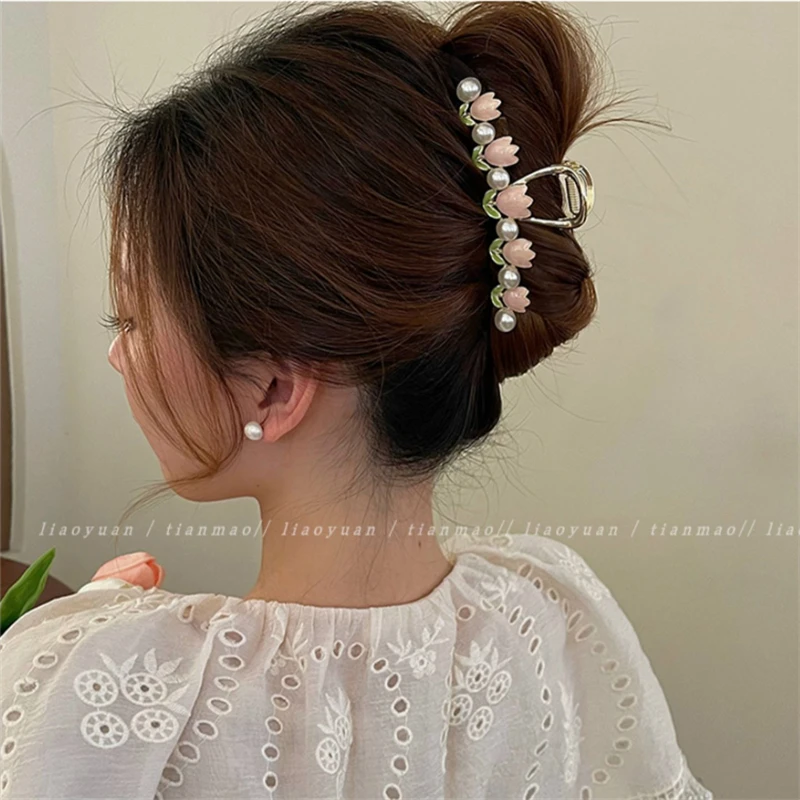 Large Retro Tulip Pearl Ponytail Hair Clip Metal Crab Claw Clip Women\'s Fashion Headdress Summer New Accessories