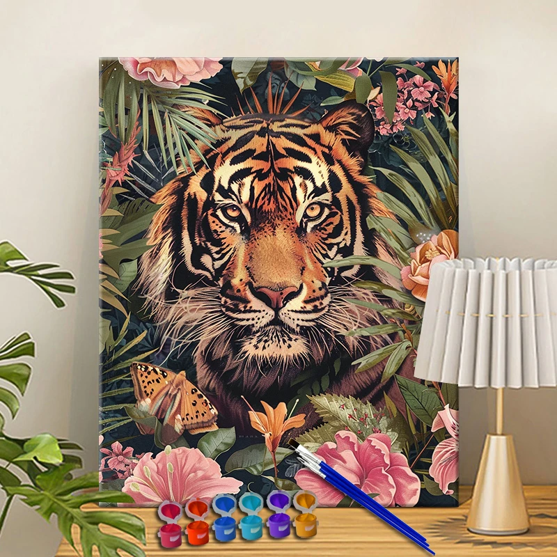 Painting By Numbers Tiger and Beautiful Flower  Acrylic Paint Canvas Dropshipping Portrait Family Children Photo Christmas gifts