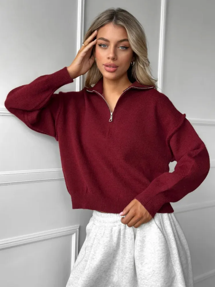 نصف سستة تصميم بلون المرأة سترة بسيطة موضة التلبيب طوق كم طويل البلوز القمم جديد كسول نمط عادية تريكو #2