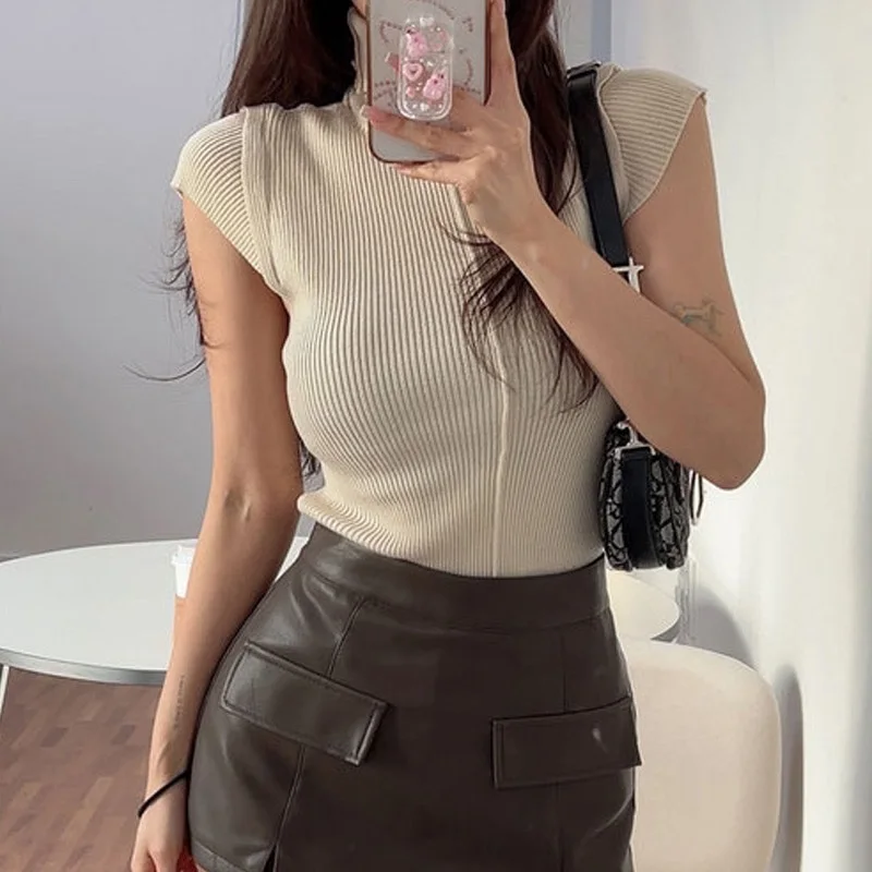 

Korean Style High Collar Knitted T-Shirt Women's Slim Fit Three Quarter Sleeve Pure Color Commute Fashion Dongda Gate New Arr...