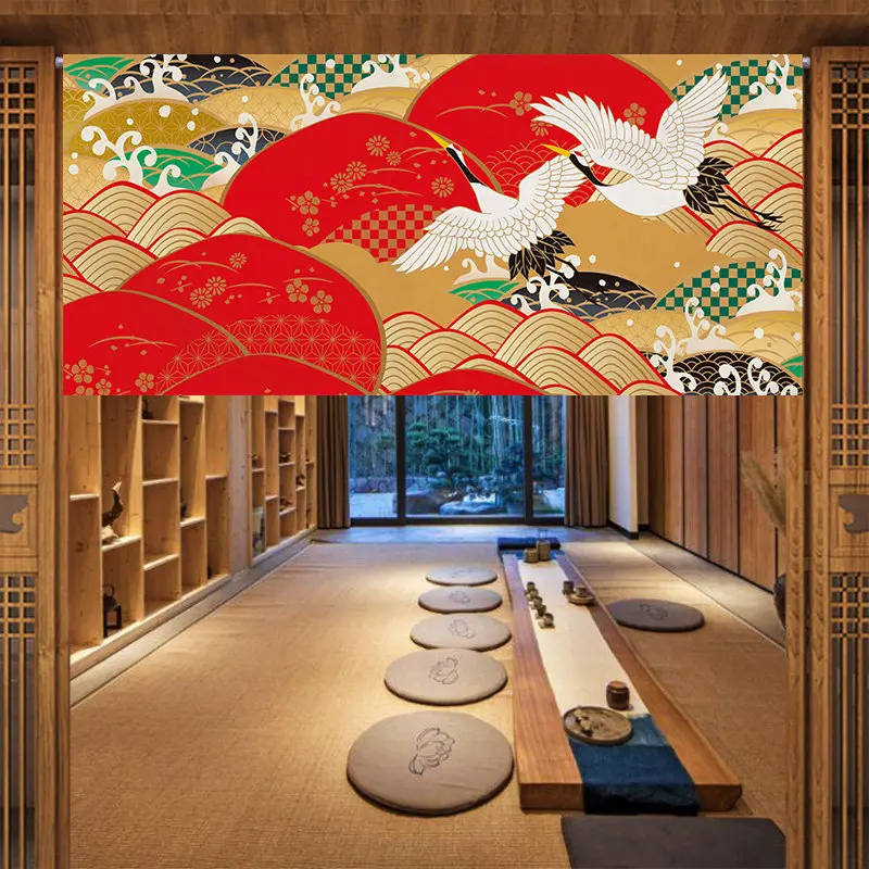 VIKAMA Japanese Ukiyo-e Crane Wave Door Curtain Tea House Homestay Velcro Punch Free Fabric Partition Half Curtain