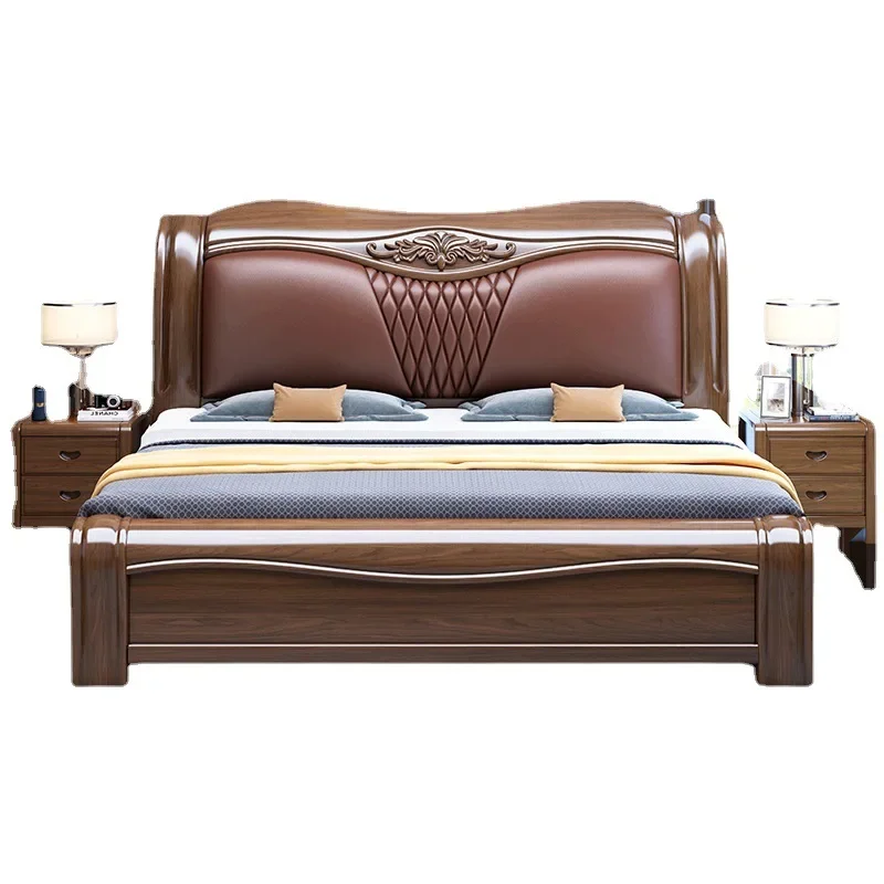 

Golden walnut new Chinese solid wood bed size apartment modern simple master bedroom double bed soft bag furniture
