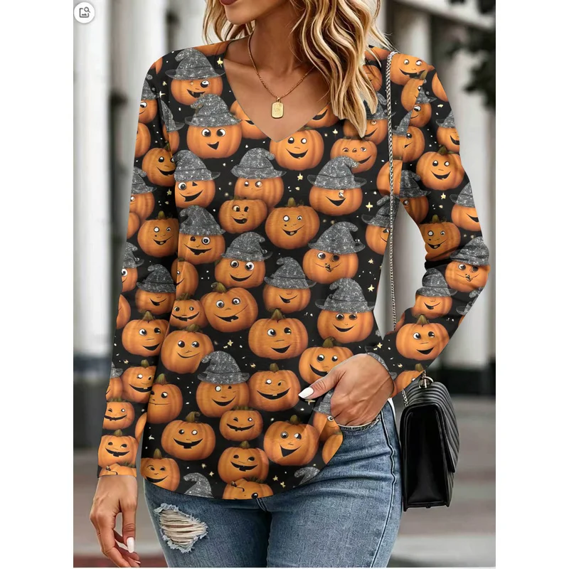 Women's Halloween-themed long-sleeved topVCollarTLoose-fitting, slimming, versatile top for creating a stylish look