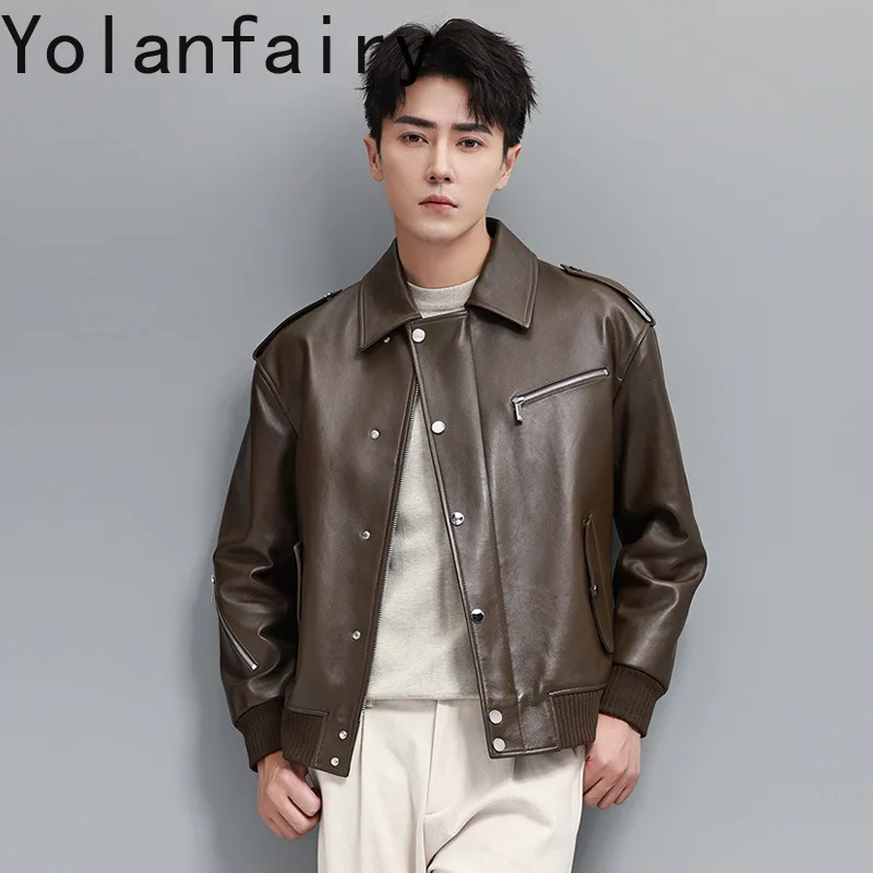 YOLANFAIRY Top Quality Real Sheepskin Genuine Leather Jackets Man Maillard Short Lapel Leather Coat Men Loose Motorcycle 가죽재킷