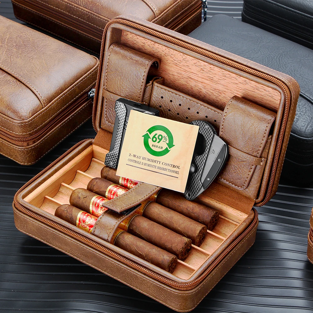 GALINER-Boîte à cigares en cuir de voyage avec briquet, étui à cigares doublé de 93,bois, coupe-cigare, pack de contrôle de l\'humidité