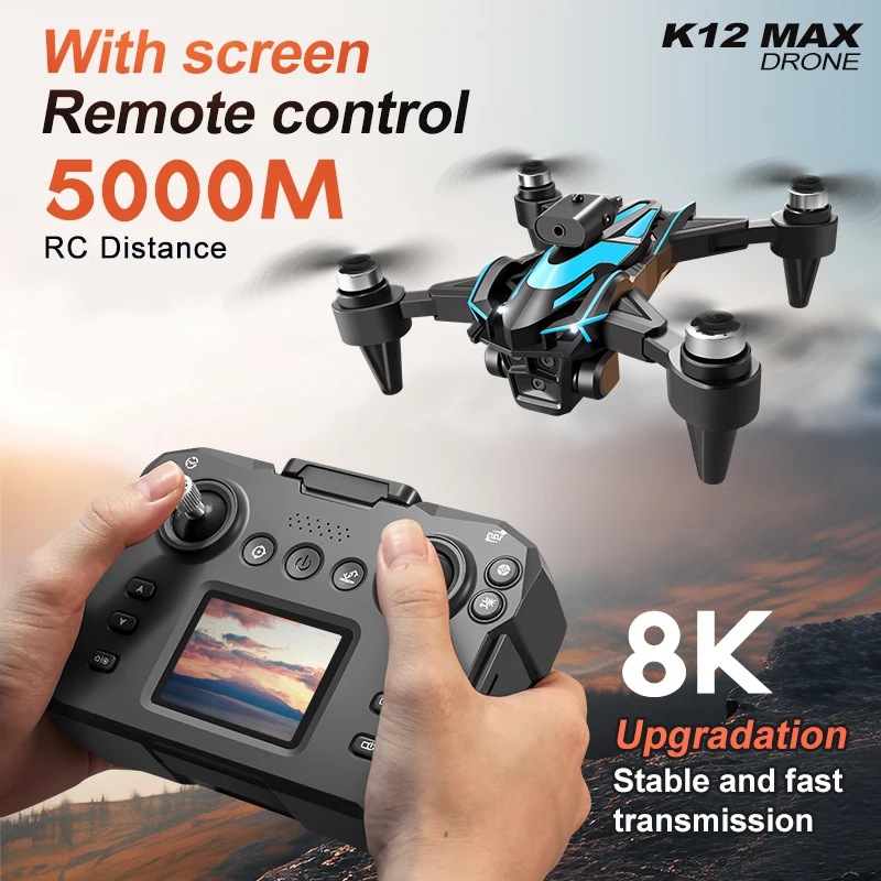 New Upgrade K12 MAX Dron with Screen 8K HD Three Camera Obstacle Avoidance Brushless Aerial UAV FPV RC Mini Quadcopter Boy Toys