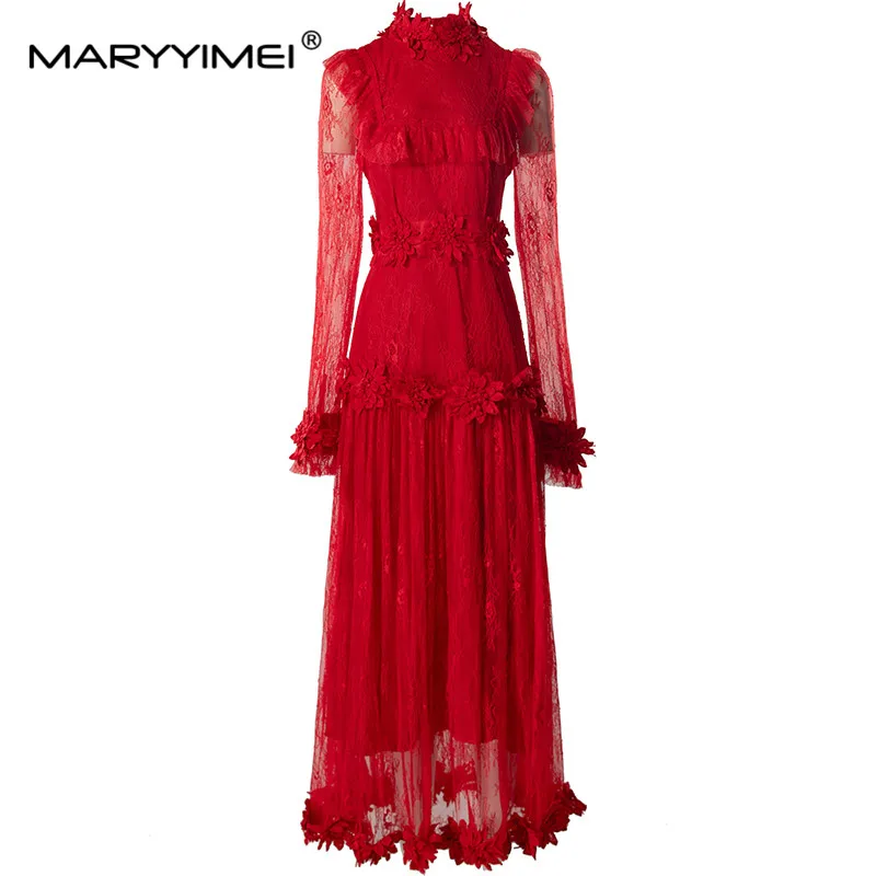 

MARYYIMEI Spring Summer Women's Dress Stand Collar Long sleeve Splicing Flounced Edge Appliques High Waisted Mixi Dresses