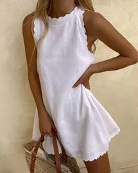 Vestido corto blanco con hombros descubiertos para mujer, minivestido elegante de oficina con borde ondulado, ropa de verano