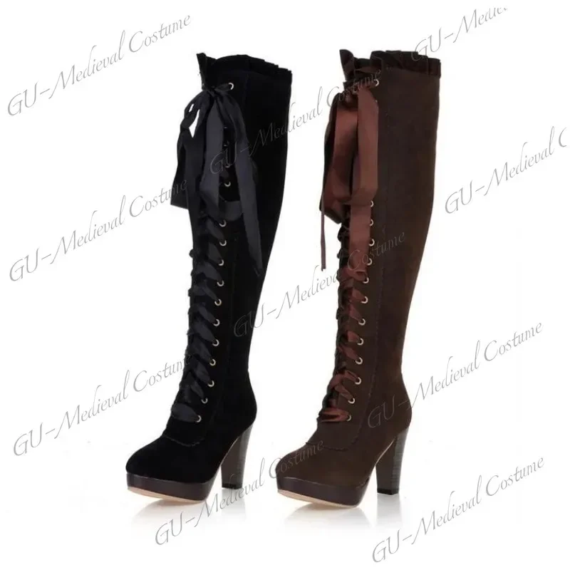 Lady Boots Rock Shoes Woman Sexy Thigh High Heels High Sexy Lace Up Medieval Gothic Steampunk Retro Style Cosplay Knight Boots