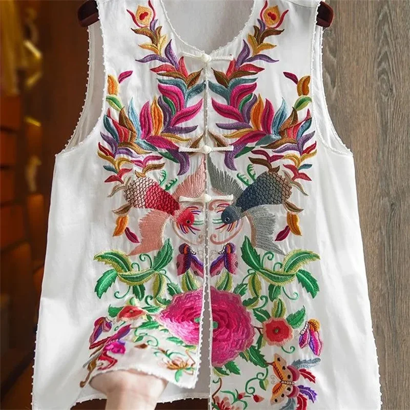 Vintage Button FashionAble Waistcoat Vest For Female Heavy Industry Chic Style Embroidery Beaded High-end Silk New Chinese Top