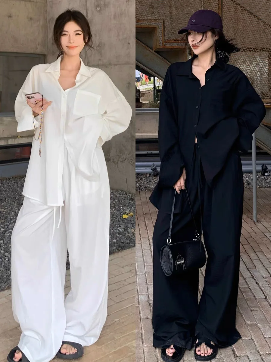 

Summer Women's Cotton Linen Loose Feel Sun Protection Casual Set Collar irt High Waist Draped Wide Leg Pants Two Piece...