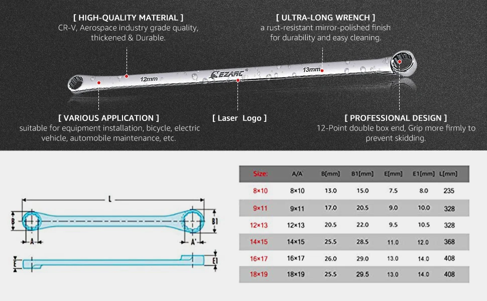 EZARC Extra Long Box End Wrench Metric Combination Durable Aviation Spanner CRV 8mm-19mm Chrome Vanadium Steel Repair Tool 1PC