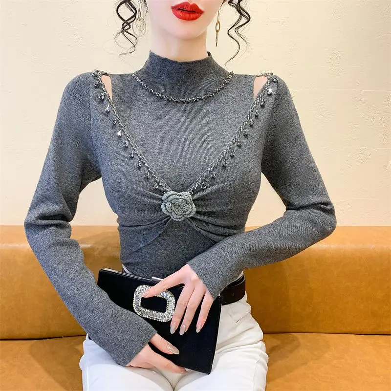 2026 New Retro Korean European Clothes Knitted Sweater Women Chic Sexy Hollow Out Beading Flower Knitwear Long Sleeve Pullovers