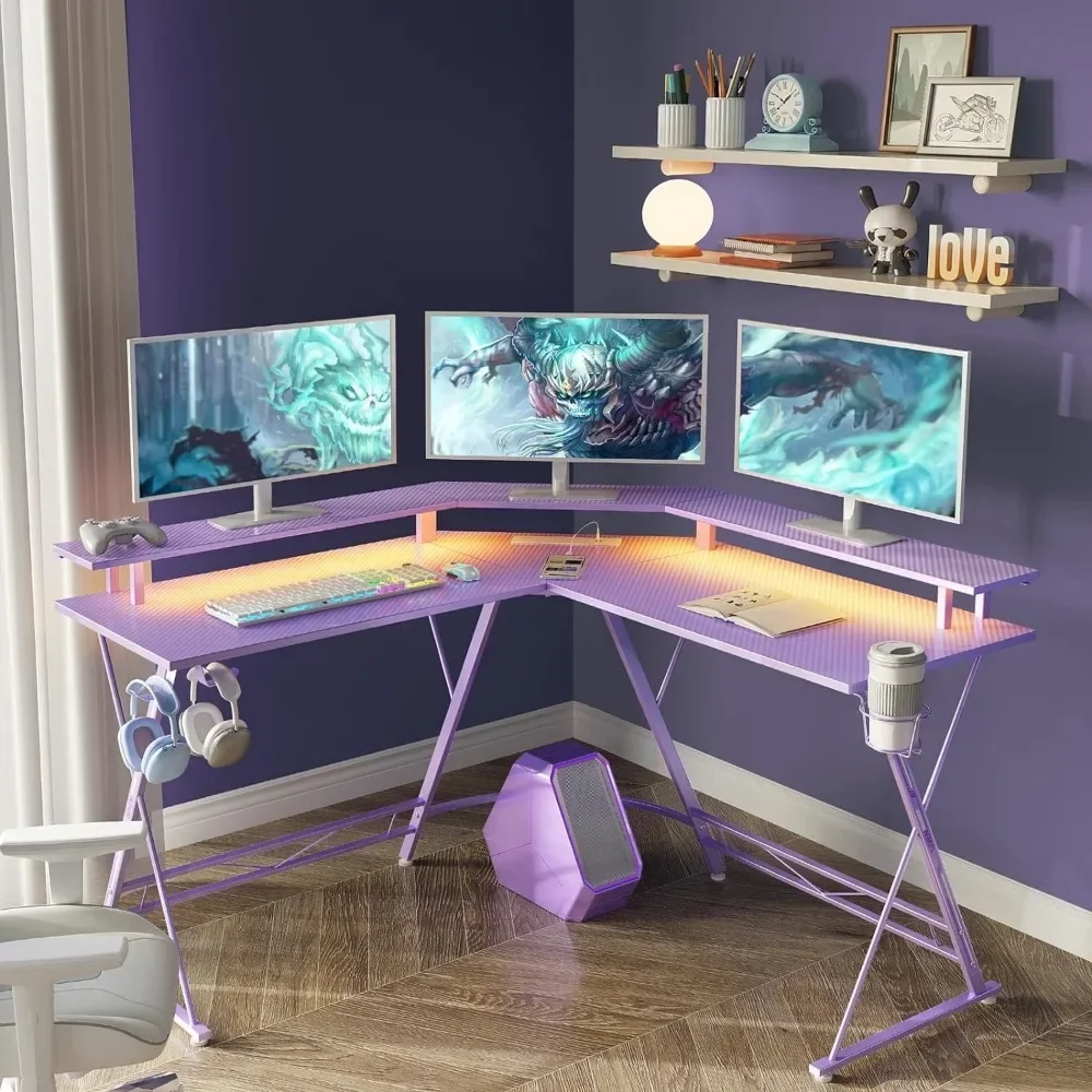 Gaming Desk 50.4” with LED Light & Power Outlets, L-Shaped Gaming Desk  with Monitor Stand, Ergonomic Gamer Table, Purple