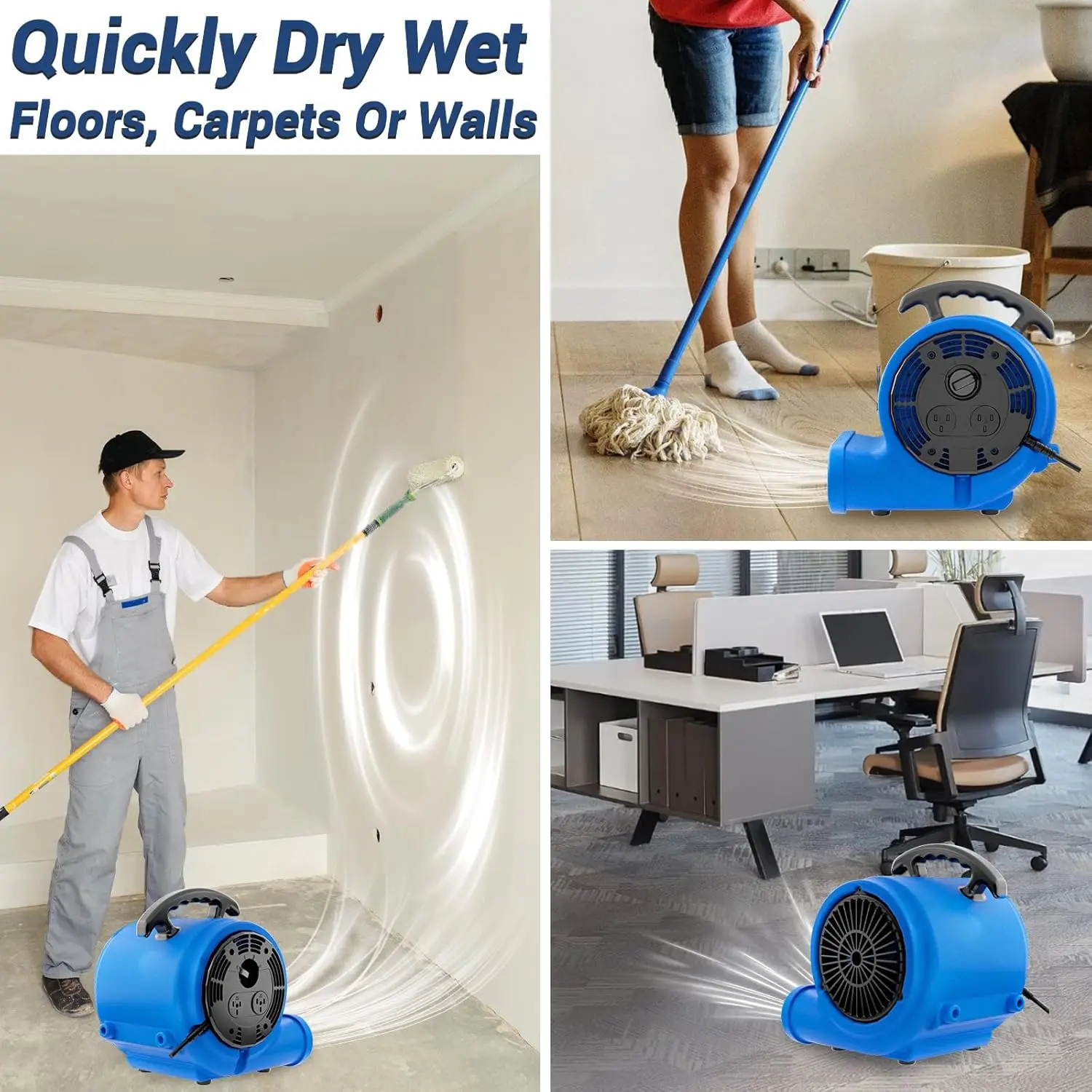 Ventilateur de déplacement d'air, sèche-tapis industriel 1/3HP 1200CFM Monster Floor, interrupteur à 3 vitesses, 4 Angles réglables, en vente