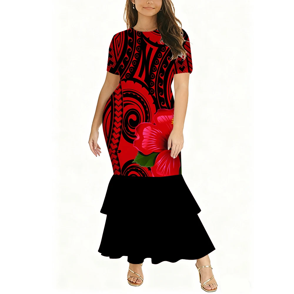 

Mid-Sleeved Round-Neck Form-Fitting Double-Layer Fishtail Dress Polynesian Floral Design Summer Custom Women'S Evening Dress